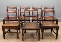 HARLEQUIN SET OF SEVEN ANTIQUE WELSH OAK DINING CHAIRS, bowed backs and crossbars, bar backrests,