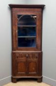 VICTORIAN WELSH OAK & MAHOGANY CROSSBANDED CORNER CUPBOARD, single glazed panel upper with arch