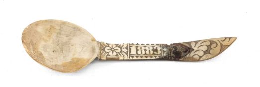 DATED HORN LOVESPOON with foliate carving incorporating date '1883', three pins at rear holding