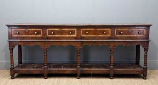 18TH CENTURY STYLE OAK & POLLARD OAK BANDED SHROPSHIRE/BORDERS DRESSER BASE, two plank top