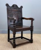 17TH CENTURY STYLE CARVED OAK WAINSCOT ARMCHAIR, carved back, solid seat, bobbin turned uprights,