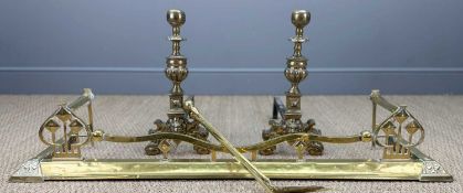 ANTIQUE BRASS FIRE DOGS & FENDER, fire dogs, 50 (h), fender 23 (h) x 132 (w) x 36cms (d), poker