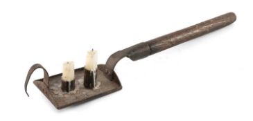 ANTIQUE OAK & IRON CELLAR CANDLE HOLDER, probably 18th Century, rectangular tray supporting two