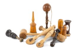 INTERESTING TREEN GROUP of bilboquet (ball and cup game), 18cms (l); treen lighthouse perfume bottle