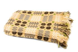 TRADITIONAL WELSH BLANKET, geometric design, green, yellow, grey, Derw Pure New Wool Wales label,