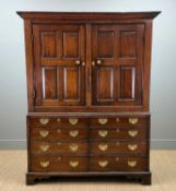 GEORGIAN OAK LIVERY CUPBOARD, upper section with fielded panelled doors, hanging section within (