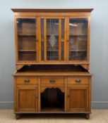 EDWARDIAN OAK KITCHEN DRESSER, upper section with central leaded glazed panels flanked by plain