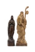 TWO CARVED WOOD BIBLICAL FIGURES, comprising figure of Our Lady of the Rosary 30cms (h), and a