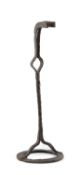 RUSH LIGHT CANDLE HOLDER probably 18th century, wrought iron, twisted stem, ring shaped base, 41 (h)