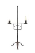 ANTIQUE WROUGHT IRON ADJUSTABLE DOUBLE CANDLE HOLDER, 'Rise and Fall', sprung tension mechanism,