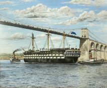 A. LAING watercolour - HMS Conwy passing under Thomas Telford's Menai Suspension Bridge 1949, signed