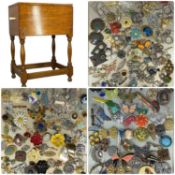 COLLECTION OF VINTAGE BROOCHES & BUTTONS, contained in an oak sewing box Provenance: private