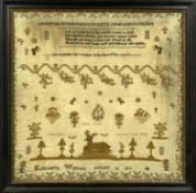 NEEDLEWORK SAMPLER, with alphabet and verse, depicting flowers, birds and stag, Elizabeth