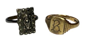 9CT GOLD SIGNET RING, monogrammed 'R', size P, 3.6g; and a silver and marcasite dress ring, size M