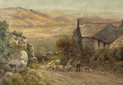 DONALD KENDALL (British, 1861-1928) oil on canvas - mountainous country lane with shepherd and