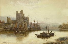 STUART LLOYD (British, 1858-1926) watercolour - Caernarfon Castle with fishing boats in
