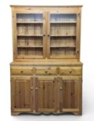 FARMHOUSE PINE DRESSER, made in North Wales, top with two glazed doors, base with three drawers