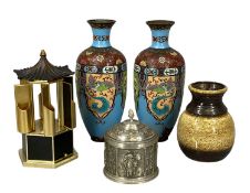 PAIR OF JAPANESE CLOISONNÉ BALUSTER FORM VASES, powder blue ground and panels decorated with birds