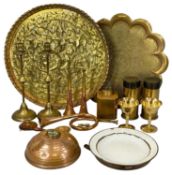 VARIOUS BRASS & COPPER WARE, including two hunting horns, bed warmer, two trays, pair of