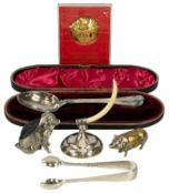 GROUP OF METAL COLLECTABLES, including a cased silver spoon inscribed 'Harold', plated pin cushion