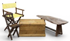VINTAGE PINE BLANKET BOX, 38 (h) x 76 (w) x 47cms (d); rustic long john side table, 42 (h) x 118 (w)