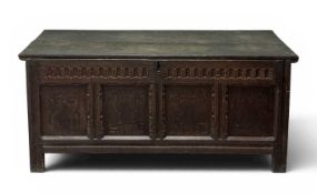 EARLY 19TH CENTURY OAK COFFER, two-plank top with a four-panel front, 66 (h) x 149 (w) x 57cms (d)
