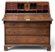 VICTORIAN OAK BUREAU, fine example with fitted interior, four drawers with brass drop handles,