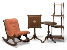 ANTIQUE FURNITURE ITEMS, to include elegant square tilt-top side table, wine table, rocker and