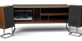BANG & OLUFSEN MUSIC CENTRE CABINET , 63 (h) x 137 (w) x 41cms (d); accompanying a pair of Beovox
