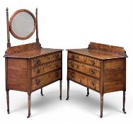 EDWARDIAN MAHOGANY & WALNUT BEDROOM FURNITURE, railback chest of three drawers, 90 (h) x 92 (w) x