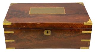 VICTORIAN MAHOGANY WRITING BOX, brass bound, lid inset with a large rectangular brass plaque, fitted