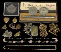 JEWELLERY & COLLECTABLES, including two rolled gold lockets, plated albert chain with T-bar and