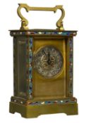 GILT BRASS & CHAMPLEVÉ ENAMEL FOUR-GLASS CARRIAGE CLOCK, circular silvered dial with Arabic