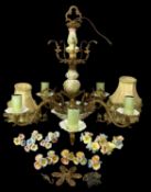 ORNATE GILT BRASS & FLORAL ENCRUSTED CERAMIC FIVE-LIGHT CHANDELIER, with fringed fabric shades,