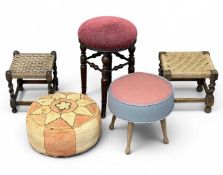 COLLECTION OF STOOLS / POUFFES, including two string topped and a Victorian music stool (5)