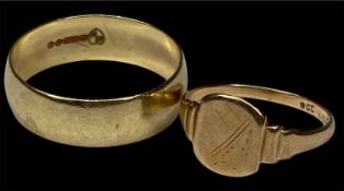 9CT GOLD WEDDING BAND, size V, and a rose gold signet ring, size M, 5g gross Provenance: deceased