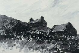 ‡ SIR KYFFIN WILLIAMS RA (Welsh, 1918-2006) black and white print - Hendre Waelod, 34 x 51cms