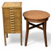 VINTAGE LIGHT WOOD ELEVEN-DRAWER COLLECTOR'S CABINET, 90 (h) x 40 (w) x 40cms (d); and a circular