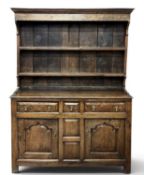 GOOD 19TH CENTURY OAK WELSH DRESSER, two-shelf rack, two long and one short drawer above two