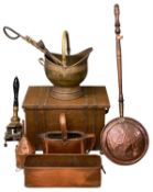 ASSORTED METALWARE, 19th century and later, including a copper household water can, large copper log