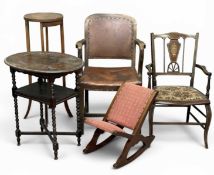 VINTAGE FURNITURE ITEMS, to include two-tier bobbin leg table, planter stand, rexine and studded