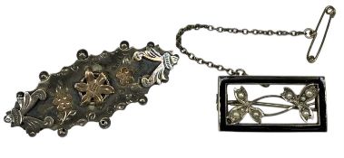 RECTANGULAR SILVER & BLACK ENAMEL OPENWORK BROOCH, with pearl-mounted leaves; and a silver brooch