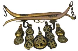 PAIR OF BRASS & WOOD HORSE HAMES, and various horse brasses with leather straps Provenance: