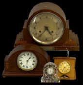 ASSORTED CLOCKS to include Edwardian inlaid mahogany dome-top mantel clock, 14cms (h); Art Deco