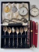 VINTAGE PARKER PENS (2) with '14k' marbed to nibs, silver watch chain, medallions, cased