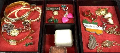JEWELLERY BOX & CONTENTS, including gold-tone earrings, Accurist ladies' wristwatch, Citron