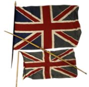 VINTAGE JOULES LONDON ARCHERY BOW, with leather hand grip, 124cms (l); with two Union Jack flags