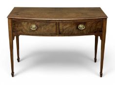 VICTORIAN MAHOGANY BOW-FRONT TWO-DRAWER HALL TABLE, on tapered supports, 79 (h) x 114 (w) x 49cms (