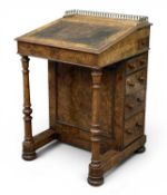 VICTORIAN BURR WALNUT DAVENPORT DESK, with galleried and tooled top, end opening doors, labelled '