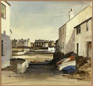 ‡ ALAN KIRKPATRICK (b. 1929) watercolour - coastal village with boats ashore in foreground, signed